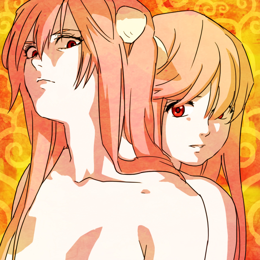 2girls, bare_shoulders, bust, dual_persona, elfen_lied, highres, horns, long_hair, lucy, multiple_girls, mya_(mmyaaym), nude, nyuu, pink_hair, red_eyes