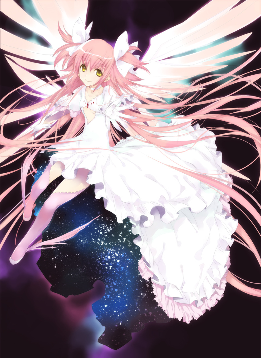 absurdly_long_hair, ankle_wings, bow, breasts, choker, cleavage_cutout, collarbone, dress, gloves, glowing, glowing_wings, goddess_madoka, hair_bow, highres, kaname_madoka, long_hair, magical_girl, mahou_shoujo_madoka_magica, outstretched_arm, outstretched_hand, pink_hair, pink_legwear, short_sleeves, smile, solo, space, thigh-highs, thighhighs, two_side_up, ultimate_madoka, under_boob, underboob, very_long_hair, white_dress, white_gloves, wings, yellow_eyes, yyuunn, zettai_ryouiki