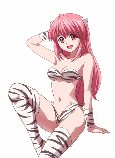1girl, :d, arm_support, arm_up, bandeau, bare_shoulders, bikini, breasts, cleavage, cosplay, elfen_lied, horns, lum, lum_(cosplay), navel, nyuu, official_style, open_mouth, orange541, sitting, smile, solo, swimsuit, thigh-highs, thighhighs, tiger_print, urusei_yatsura, white_background