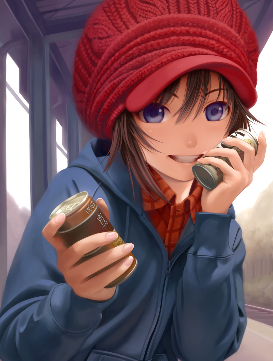 black_hair, blue_eyes, brown_hair, can, canned_coffee, grin, hat, highres, holding, hoodie, idolmaster, jacket, kikuchi_makoto, looking_at_viewer, nekopuchi, plaid, short_hair, smile, solo