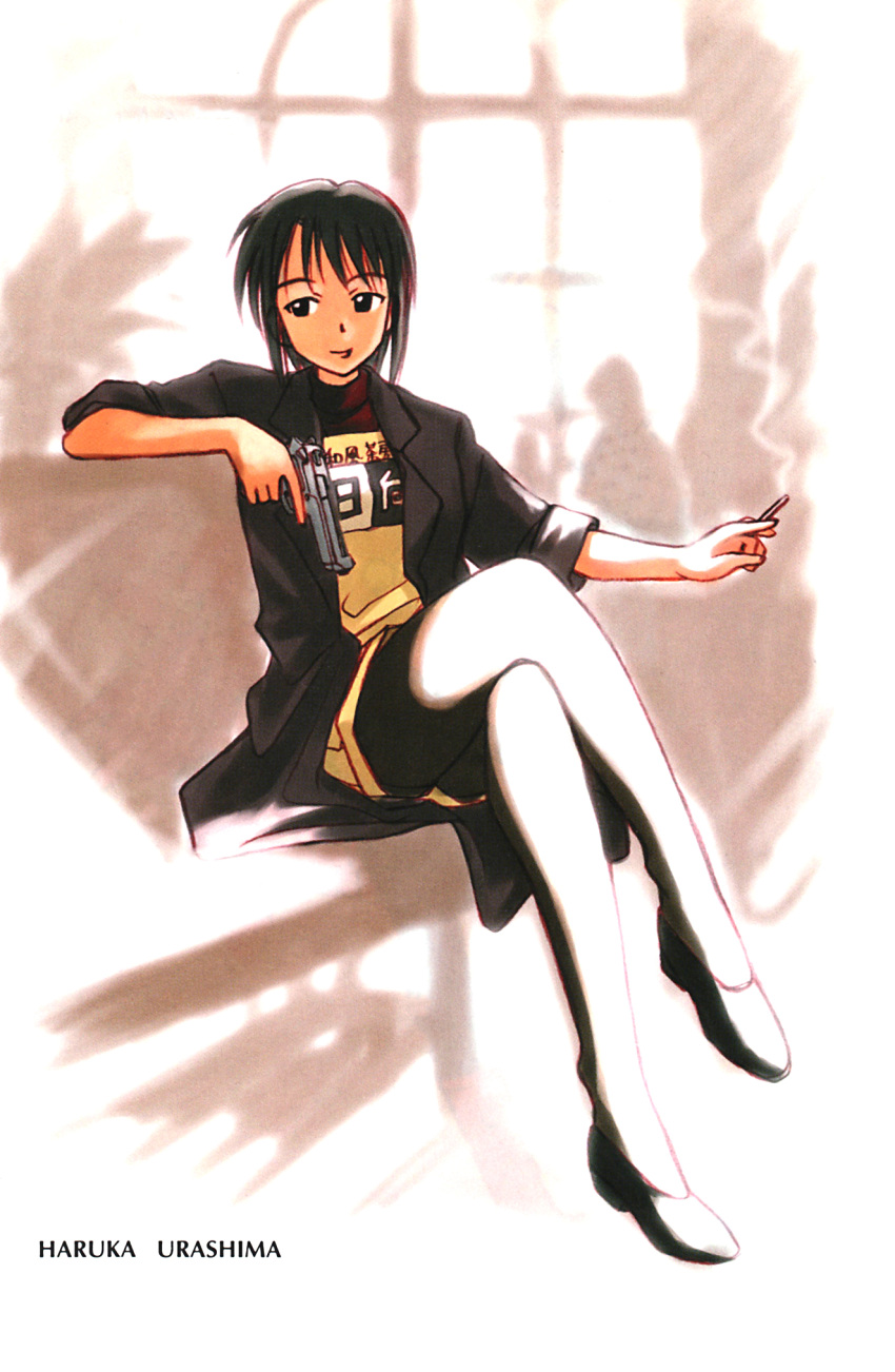 akamatsu_ken, artbook, black_hair, cigarette, crossed_legs, gun, highres, legs