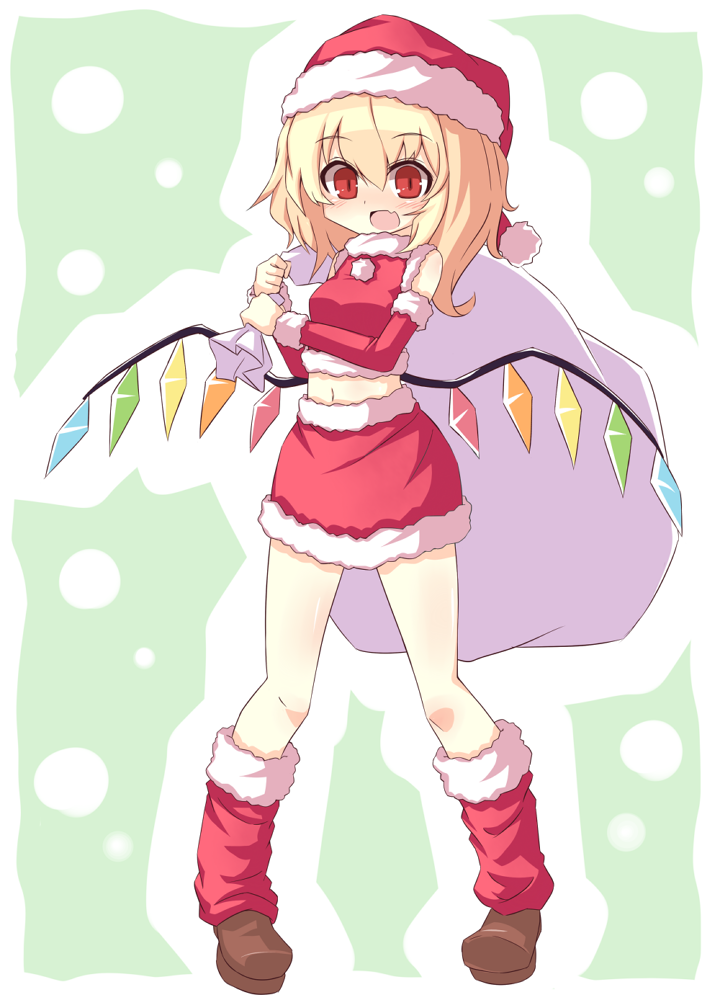 alternate_costume, bag, blonde_hair, blush, detached_sleeves, fang, flandre_scarlet, hat, kikiriri, looking_at_viewer, midriff, navel, open_mouth, over_shoulder, pigeon-toed, red_eyes, santa_boots, santa_costume, santa_hat, shirt, side_ponytail, skirt, skirt_set, smile, solo, touhou, wings