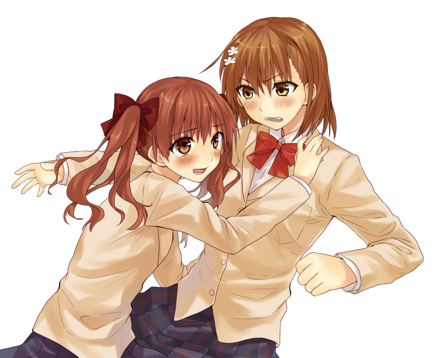 brown_eyes, brown_hair, highres, hug, kazahana_riku, long_hair, misaka_mikoto, multiple_girls, school_uniform, shirai_kuroko, short_hair, to_aru_kagaku_no_railgun, to_aru_majutsu_no_index, twintails