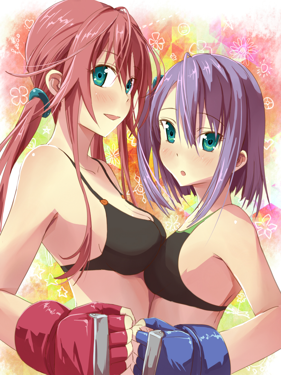 asymmetrical_docking, brass_knuckles, breast_press, breasts, fingerless_gloves, gloves, green_eyes, highres