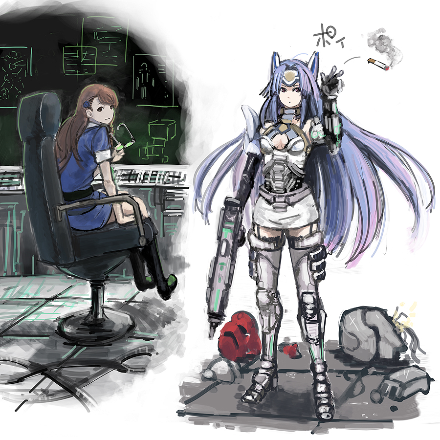 alternate_hairstyle, android, assault_rifle, blue_hair, broken, brown_eyes, brown_hair, cigarette
