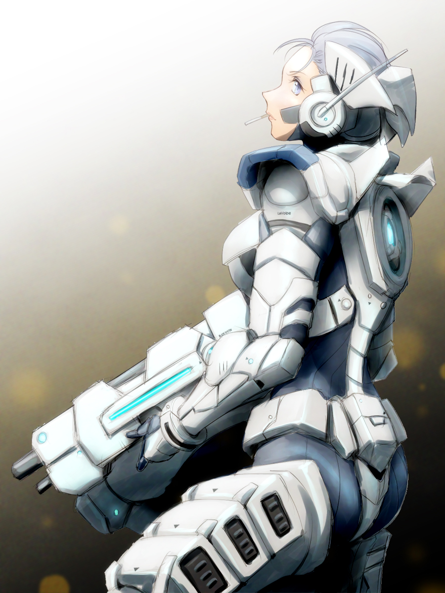 assault_rifle, blue_eyes, blue_hair, cigarette, cosplay, gun, helmet, highres, lavolpe_(yagisaka_seto), original, power_armor, power_suit, rifle, sam_gideon, sam_gideon_(cosplay), smoking, solo, vanquish_(game), weapon, yagisaka_seto