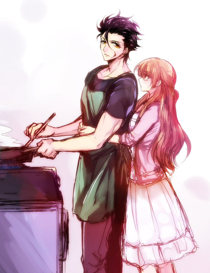 1girl, ahoge, apron, black_hair, brown_eyes, brown_hair, casual, contemporary, cooking, couple, dress, fate/zero, fate_(series), gaon_(hisuikairou), grainne, half_updo, height_difference, hug, hug_from_behind, lancer_(fate/zero), yellow_eyes
