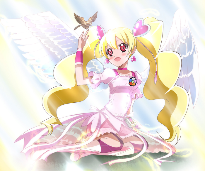 angel_wings, bird, bird_on_hand, blonde_hair, blush, boots, choker, cure_angel