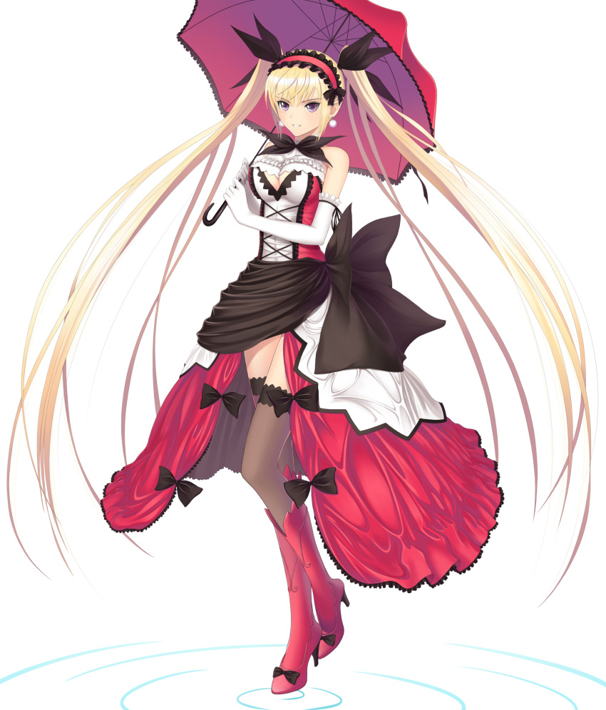 1girl, absurdres, black_legwear, blonde_hair, boots, breasts, cleavage, dress