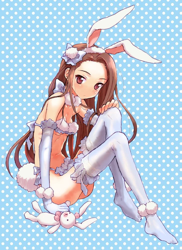 animal_ears, bra, brown_eyes, brown_hair, bunny_ears, elbow_gloves, fake_animal_ears, gloves, idolmaster, judy_(artist), legs, minase_iori, panties, polka_dot, polka_dot_background, rabbit_ears, solo, stuffed_animal, stuffed_bunny, stuffed_toy, thigh-highs, thighhighs, underwear, white_legwear