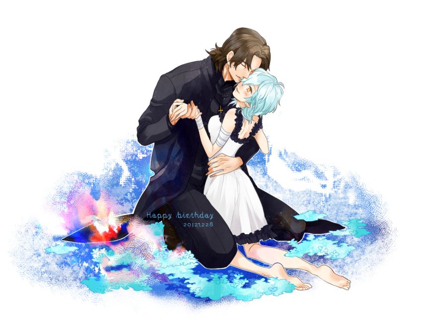 1girl, birthday, brown_hair, cassock, claudia_hortensia, claudia_ortensia, couple, cross
