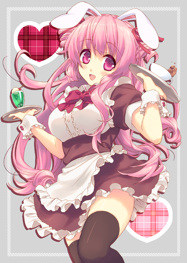 1girl, animal_ears, black_legwear, bunny_ears, coffee, glasses, heart, long_hair