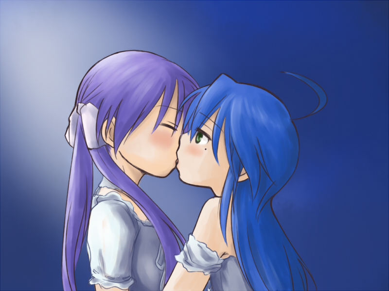 ahoge, bare_shoulders, beni_shouga, blue_hair, blush, closed_eyes, eyes_closed, frills