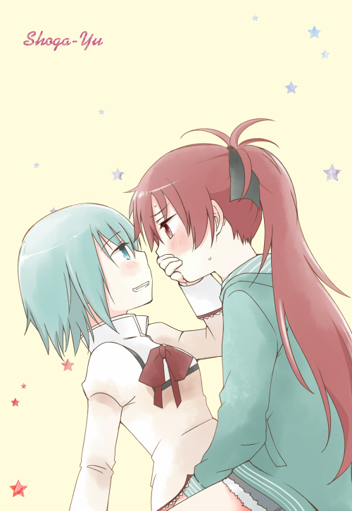 beni_shouga, blue_eyes, blue_hair, covering_mouth, eye_contact, long_hair, looking_at_another, mahou_shoujo_madoka_magica