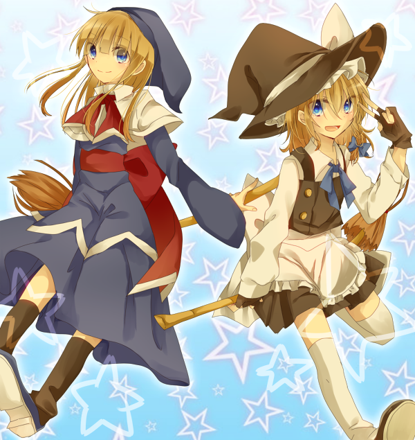 alternate_eye_color, apron, blonde_hair, blue_background, blue_eyes, bow, braid, broom