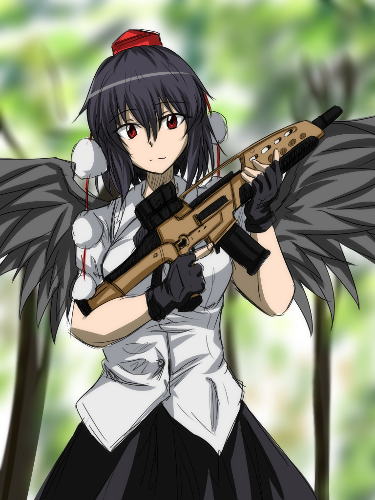 1girl, assault_rifle, black_hair, black_wings, breasts, fingerless_gloves, gloves, gun