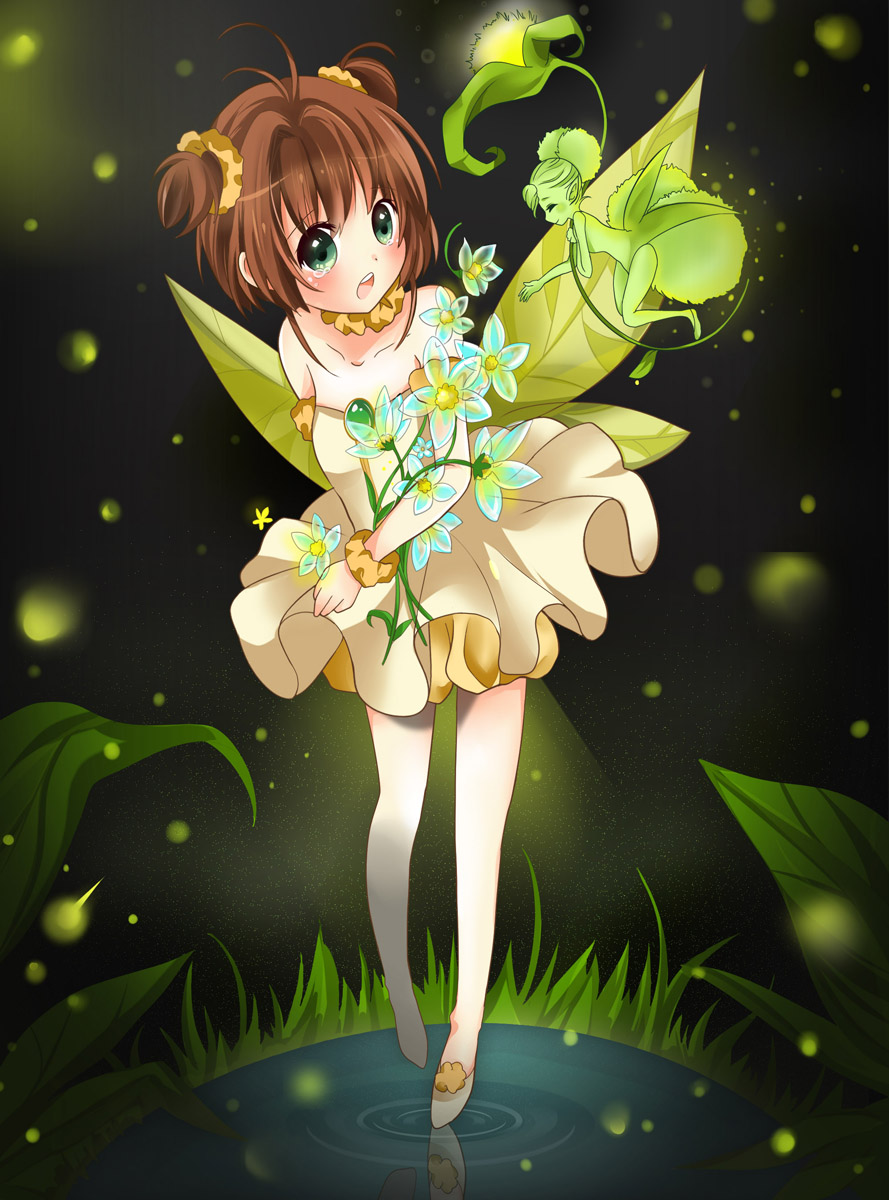 bottle_(x890264), brown_hair, card_captor_sakura, cardcaptor_sakura, clow_card, dress, fairy_wings, flower, glow_(clow_card), green_eyes, highres, kinomoto_sakura, magical_girl, open_mouth, reflection, ribbon, short_hair, twintails, water, wings