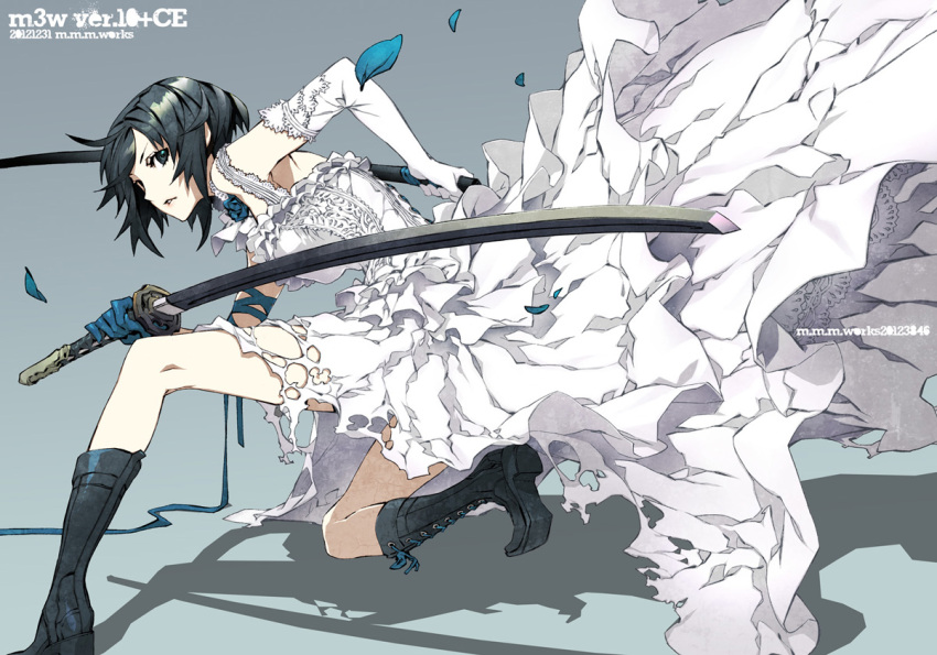 black_eyes, black_hair, boots, dogs:_bullets_&amp;_carnage, dress, elbow_gloves, flowers, fuyumine_naoto, gloves, green_eyes, katana, miwa_shirou, miwa_shirow, petals, ribbons, rose, short_hair, solo, sword, torn_clothes, weapon
