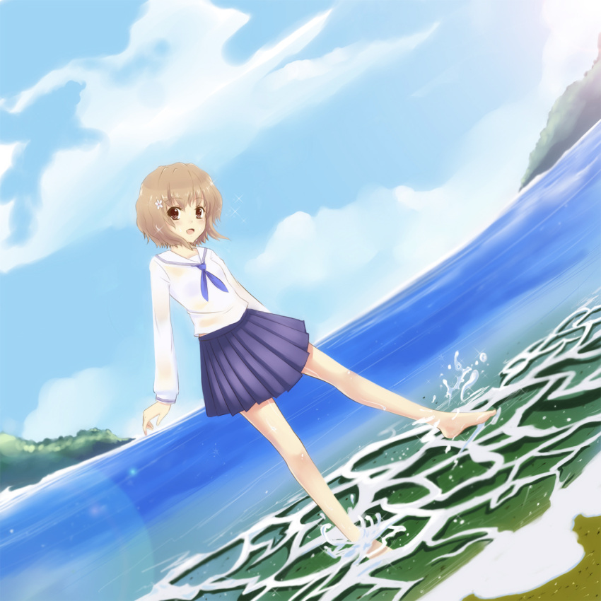 1girl, barefoot, beach, cloud, clouds, dutch_angle, froznkamui, hair_ornament, hanasaku_iroha, matsumae_ohana, open_mouth, school_uniform, serafuku, skirt, sky, smile, solo, waves, wavy_hair