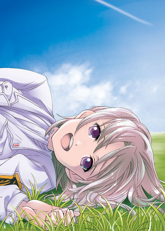 1girl, brown_hair, bust, cloud, condensation_trail, fana_del_moral, grass, looking_at_viewer, lying, on_side, open_mouth, purple_eyes, short_hair, sky, solo, to_aru_hikuushi_e_no_tsuioku
