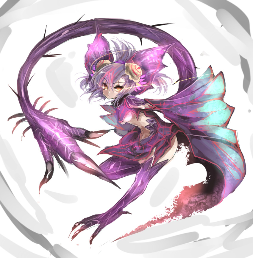 breasts, double_bun, highres, large_ears, monster_girl, monster_hunter, personification, purple_hair