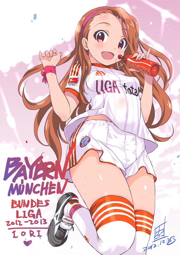 1girl, adidas, bottle, breasts, drink, fc_bayern_munchen, german, hairband, idolmaster, inoue_sora, leg_lift, leg_up, looking_at_viewer, minase_iori, ribbon, shoes, shorts, small_breasts, smile, sneakers, soccer_uniform, solo, sportswear, sweat, thigh-highs, thighhighs, translated, wrist_ribbon