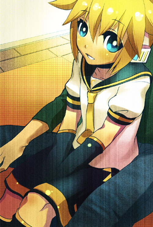 blonde_hair, blue_eyes, bottomless, detached_sleeves, fujitsuna, headphones, kagamine_len, lap