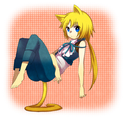 blonde_hair, blue_eyes, cat_ears, catboy, final_fantasy, final_fantasy_ix, fujitsuna, legs_up, long_hair, male, ponytail, shota, tail, zidane_tribal