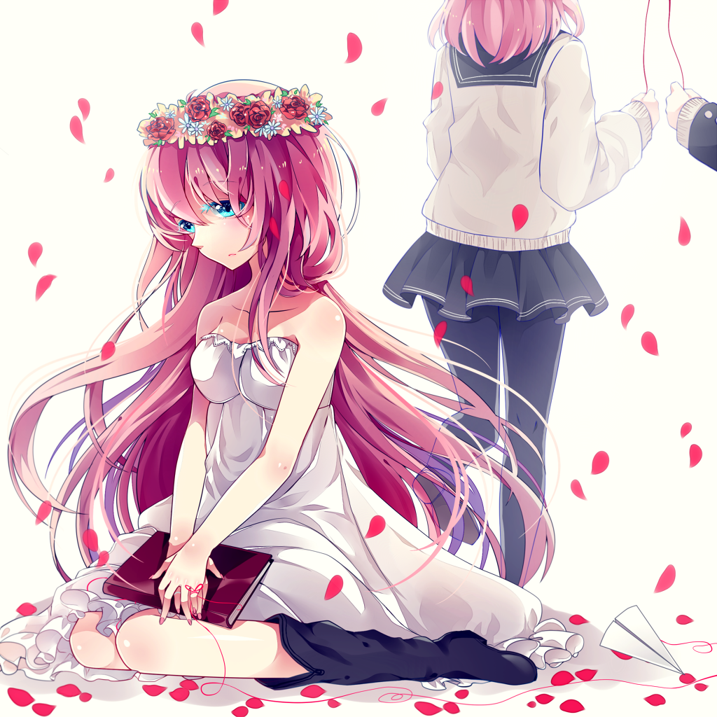 2girls, anthiea, bare_shoulders, blue_eyes, book, boots, dress, flower, head_wreath, just_be_friends_(vocaloid), long_hair, megurine_luka, multiple_girls, pantyhose, paper_airplane, petals, pink_hair, pleated_skirt, red_string, school_uniform, skirt, strapless_dress, string, vocaloid