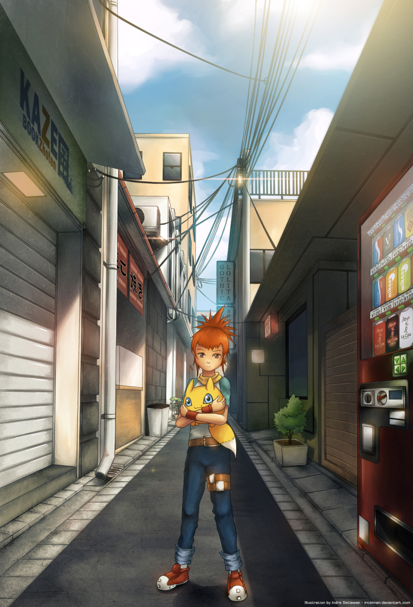 1girl, alley, blue_eyes, brown_eyes, cloud, clouds, digimon, digimon_tamers, female, holding, intelman, makino_ruki, orange_hair, sky, tree, vending_machine, viximon