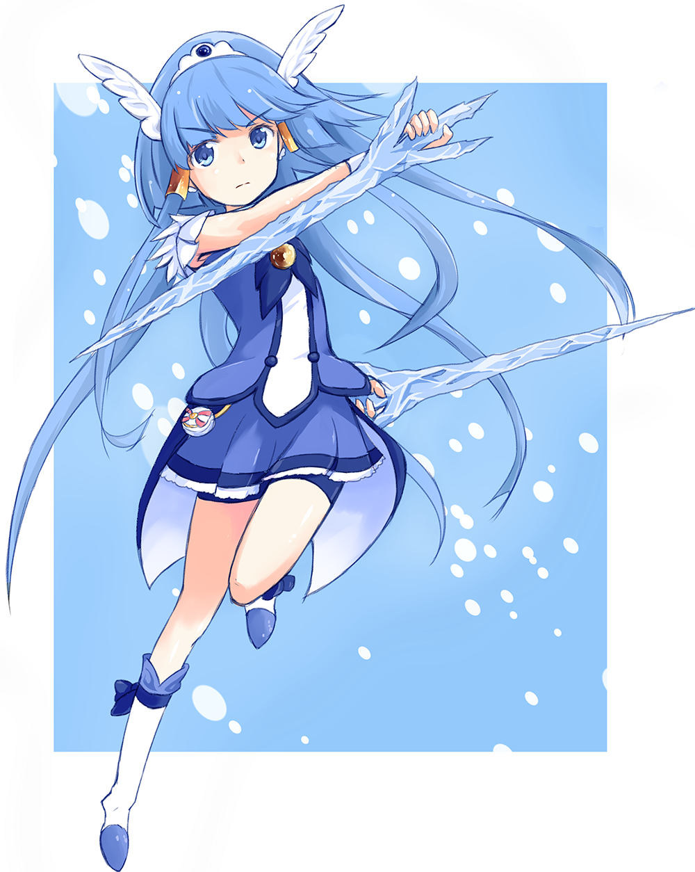 blue_eyes, blue_hair, boots, choker, cure_beauty, dual_wielding, hair_ornament, highres