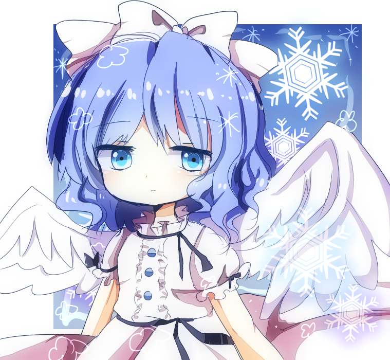 blue_eyes, blue_hair, dress, frown, hair_ribbon, mai_(touhou), ribbon, snowflakes