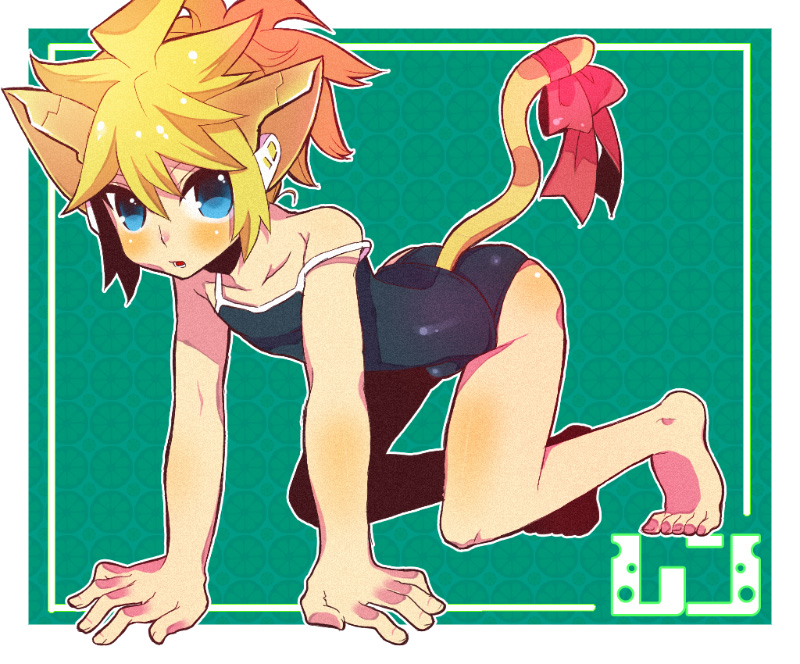 all_fours, blonde_hair, blue_eyes, cat_ears, cat_tail, catboy, crossdressing, fujitsuna