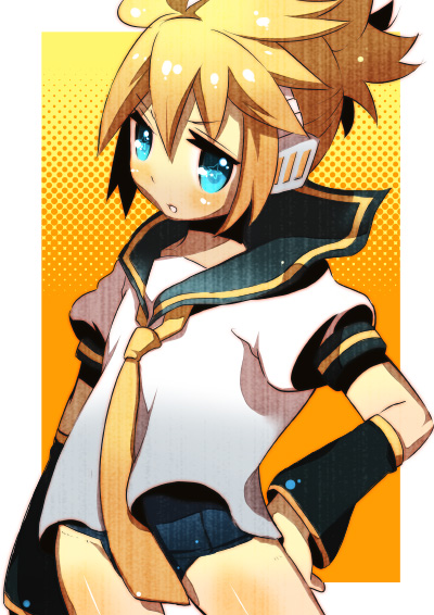blonde_hair, blue_eyes, crossdressing, detached_sleeves, fujitsuna, hand_on_hip, headphones, kagamine_len