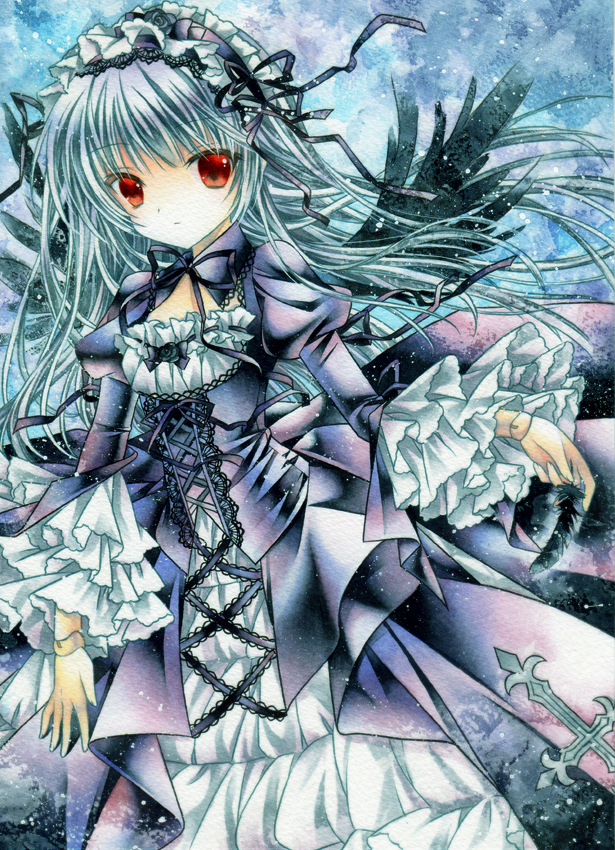 acrylic_paint_(medium), doll_joints, dress, flower, frills, gothic_lolita, hairband, lolita_fashion