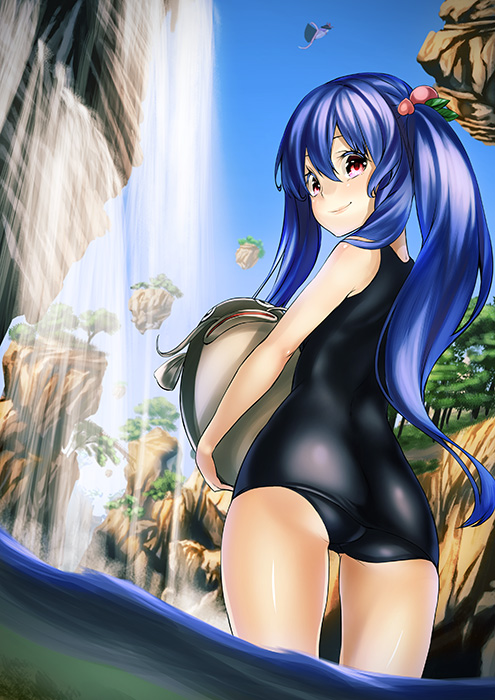 alternate_hairstyle, ass, blue_hair, catfish, fish, food, fruit, hinanawi_tenshi