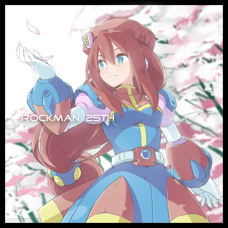 android, beret, blue_eyes, breasts, brown_hair, cherry_blossoms, dress, green_eyes