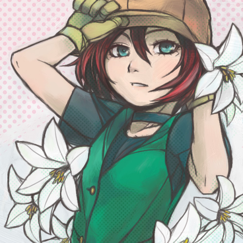 1girl, blue_eyes, flower, gloves, hat, langley_(pokemon), looking_at_viewer, lowres, myuutau_tadakichi, pokemon, pokemon_(anime), red_hair, solo