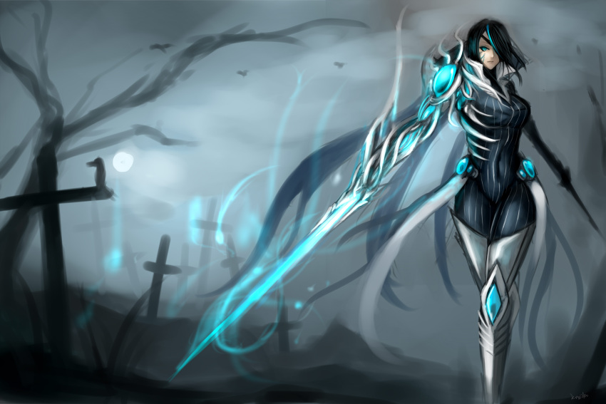 absurdres, aleron, black_hair, blade, blue_eyes, bodysuit, boots, breasts