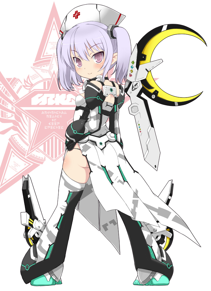 ballistic_coat, black_panties, crescent, from_behind, hand_on_hip, hat, looking_at_viewer, nurse_cap