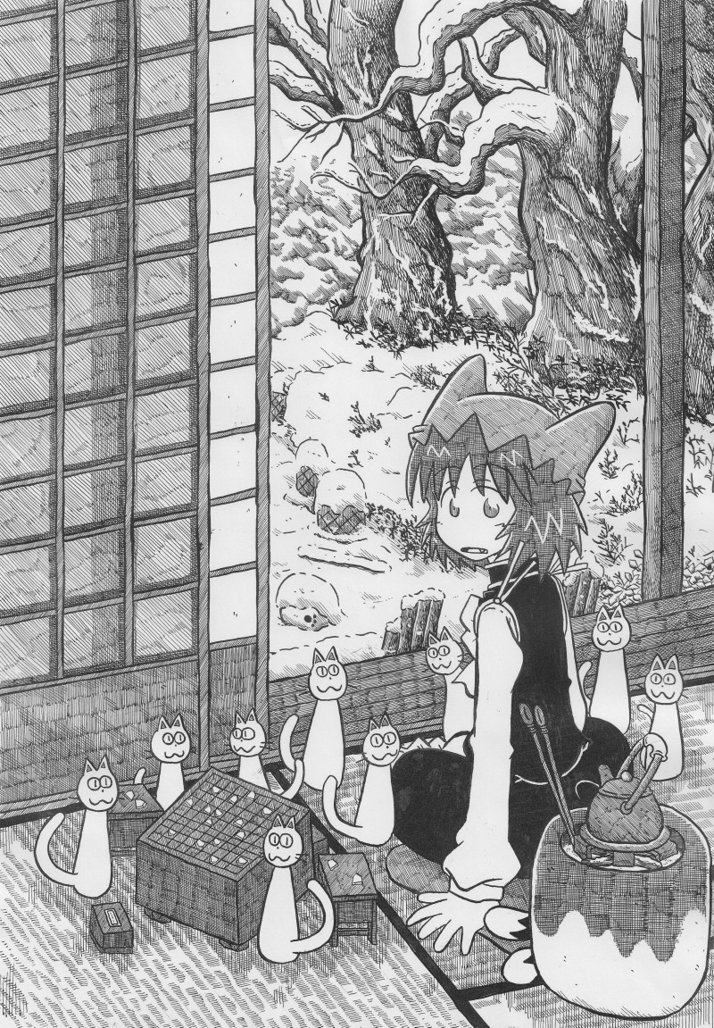 board_game, cat, cat_ears, chen, cover, cover_page, hat, monochrome, nib_pen_(medium), shoji, shougi, shouji, sliding_doors, snow, tail, teapot, too_many_cats, touhou, traditional_media, winter, yotsuboshi-imai