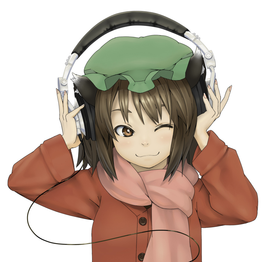 1girl, ;3, animal_ears, brown_eyes, brown_hair, bust, cat_ears, chen