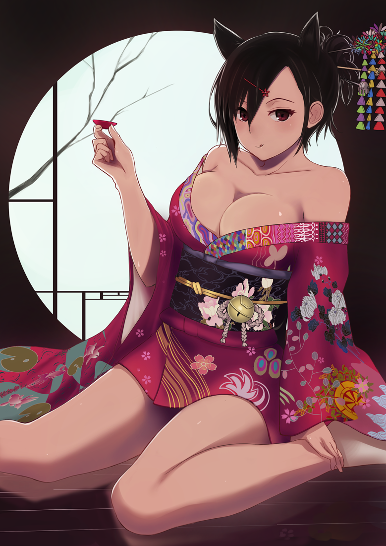 :q, animal_ears, barefoot, bell, black_hair, breasts, cat_ears, cleavage