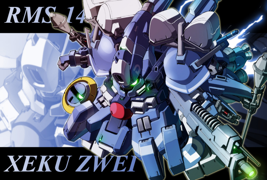 character_name, chibi, glowing, glowing_eye, gun, gundam, gundam_sentinel, kaz_(kaz323), mecha, no_humans, panzerfaust, solo, triple_wielding, weapon, xeku_zwei