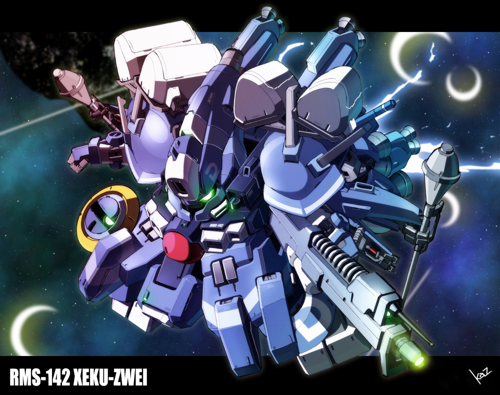 beam_rifle, character_name, chibi, explosion, glowing, glowing_eye, gun, gundam, gundam_sentinel, kaz_(kaz323), letterboxed, mecha, no_humans, panzerfaust, signature, solo, sparkle, triple_wielding, weapon, xeku_zwei