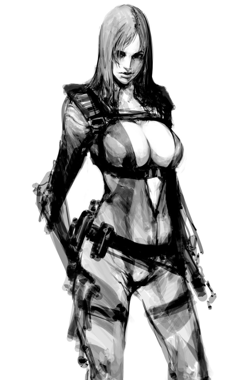 1girl, cleavage, hair_down, highres, holster, ikeda_masateru, jill_valentine, large_breasts