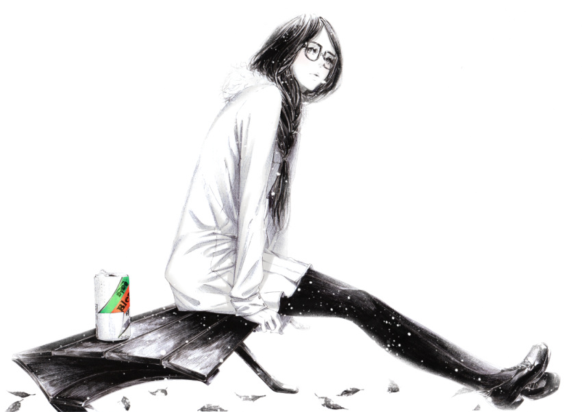 bench, black_hair, bleach, braid, can, coat, glasses, leaf