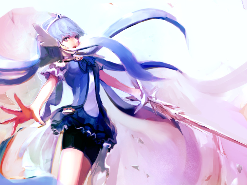 1girl, aoki_reika, bike_shorts, blue_dress, blue_eyes, blue_hair, breasts, byte_(grunty-hag1)