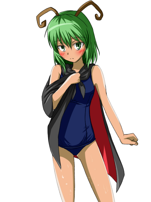 antennae, bare_shoulders, blush, cape, green_eyes, green_hair, short_hair, simple_background