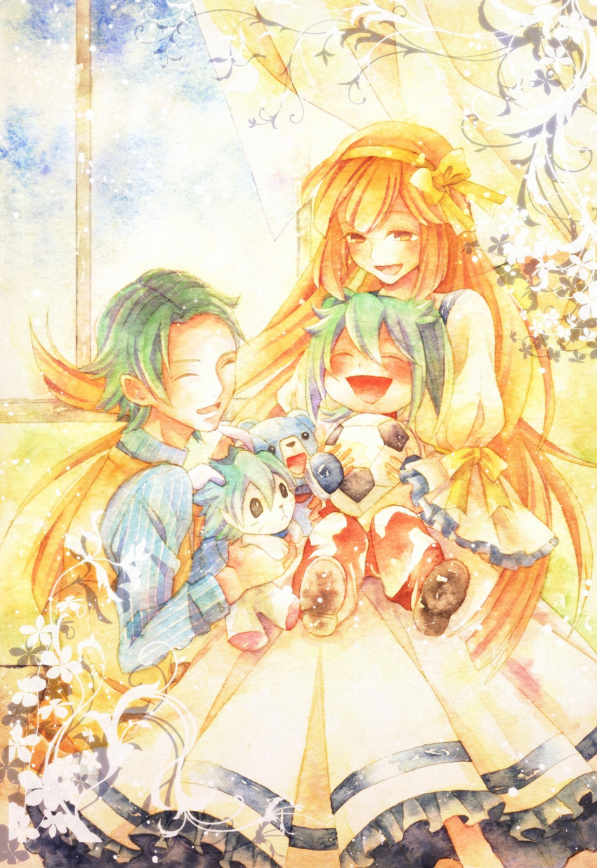 2boys, asurei_rune, ball, bow, character_request, child, closed_eyes, dress